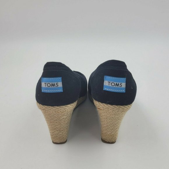 Toms Black Canvas Peep Toe Espadrille Wedge Heel Size 8.5 - Picture 4 of 9